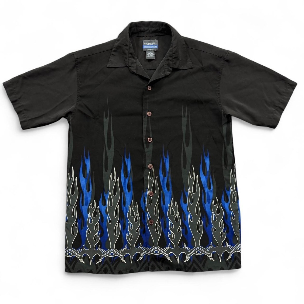 Y2K Extreme Gear Black Button Up Shirt with Blue & White tribal Flames Graphic